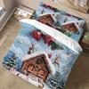Lifesmells 3/4Pcs Christmas Cabin Balloon Deer Blue Duvet Cover Set Festive Winter Scene With Snowy Cabin Reindeer And Balloons