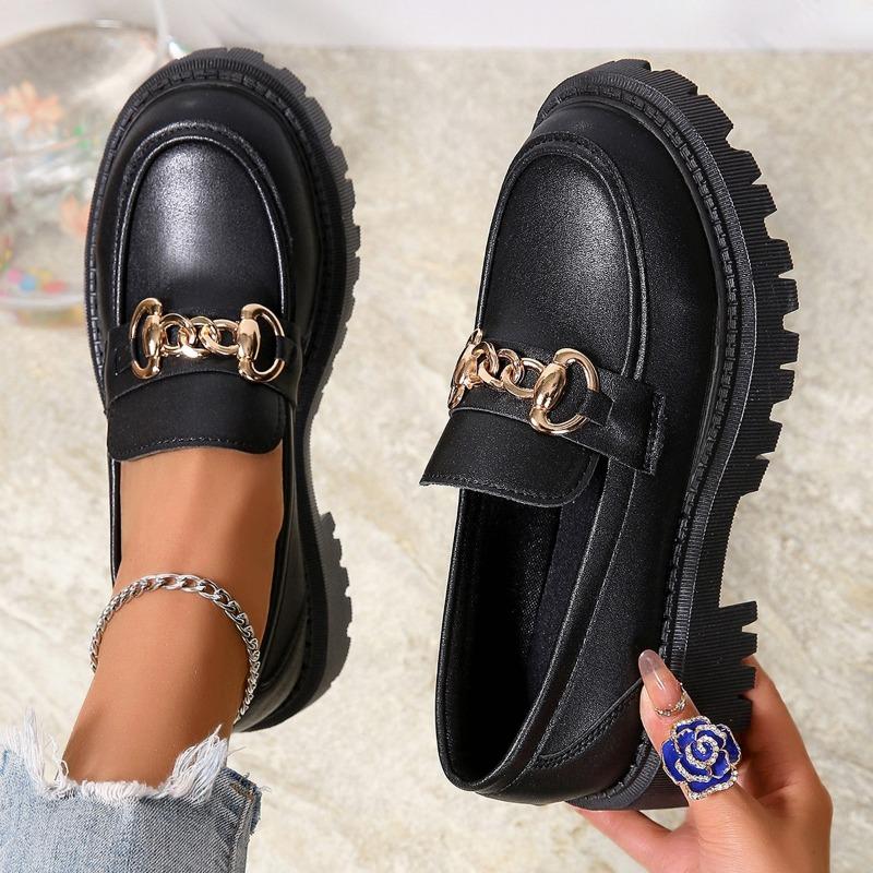 

Women s Thick Heel Shoes Spring New Round Head Deep Mouth Metal Chain Thick Sole Anti-slip Wear-resistant Loafers 35