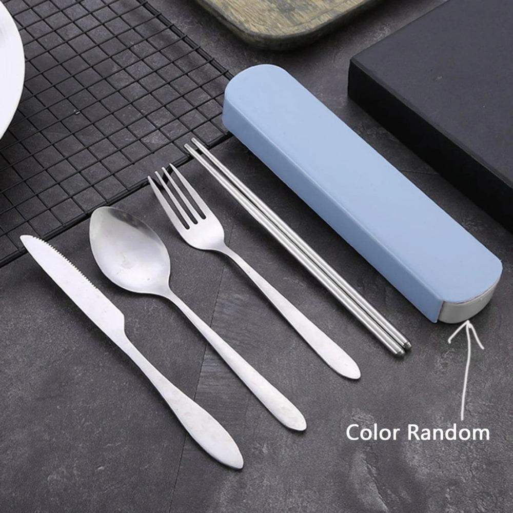 4Pcs/Set Stainless Steel Chopsticks Spoon Fork Steak Knife with Storage Case Travel Camping Cutlery Set Portable Tableware