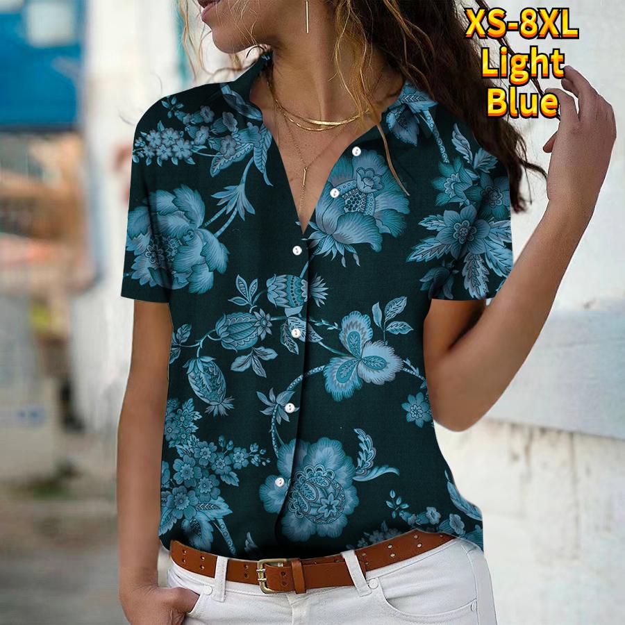 2025 Summer New Fashion Women's Flower Printed Short Sleeve V-neck Casual Button-down Shirt Top
