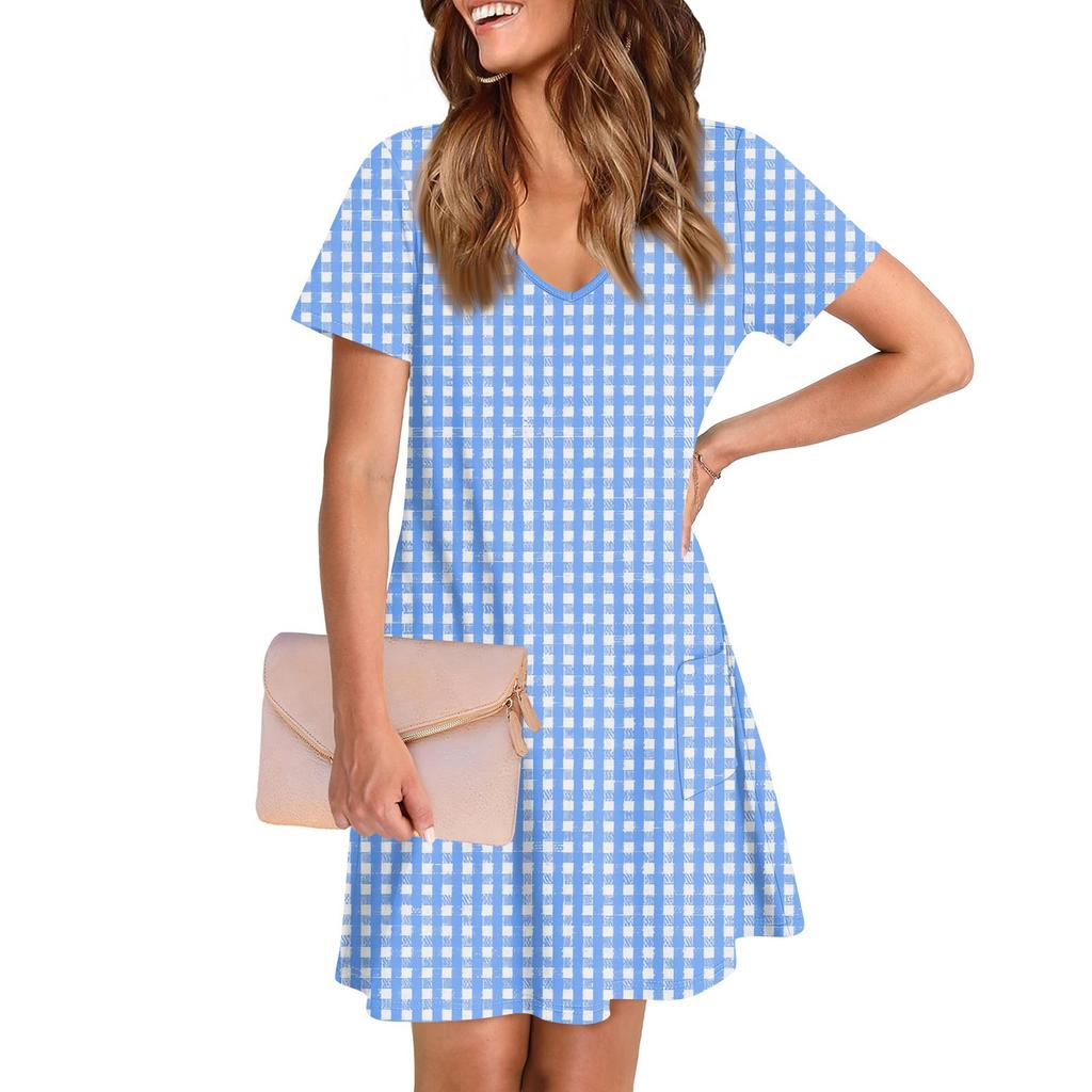 Women's Casual And Fashionable V-neck Short Sleeve Printing Mid Length Dress