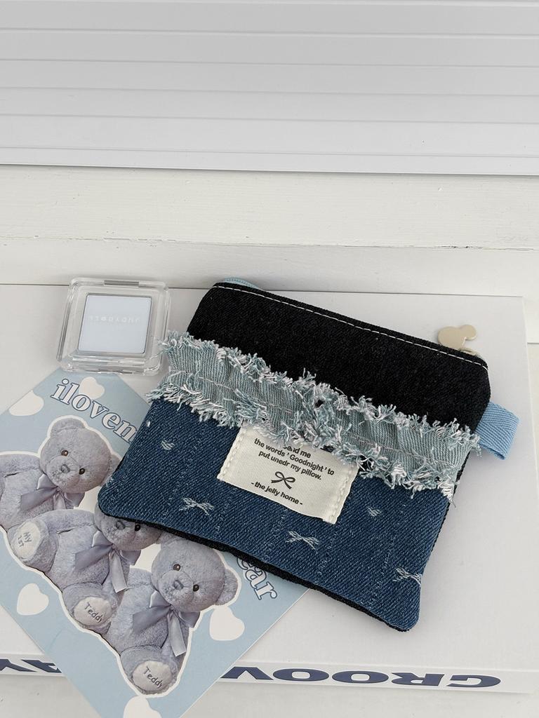 Denim Cloth Lace Ladies Travel Cosmetic Bags Sweet Bow Prints Female Storage Bags Girls Portable Small Square Clutch Coin Purse