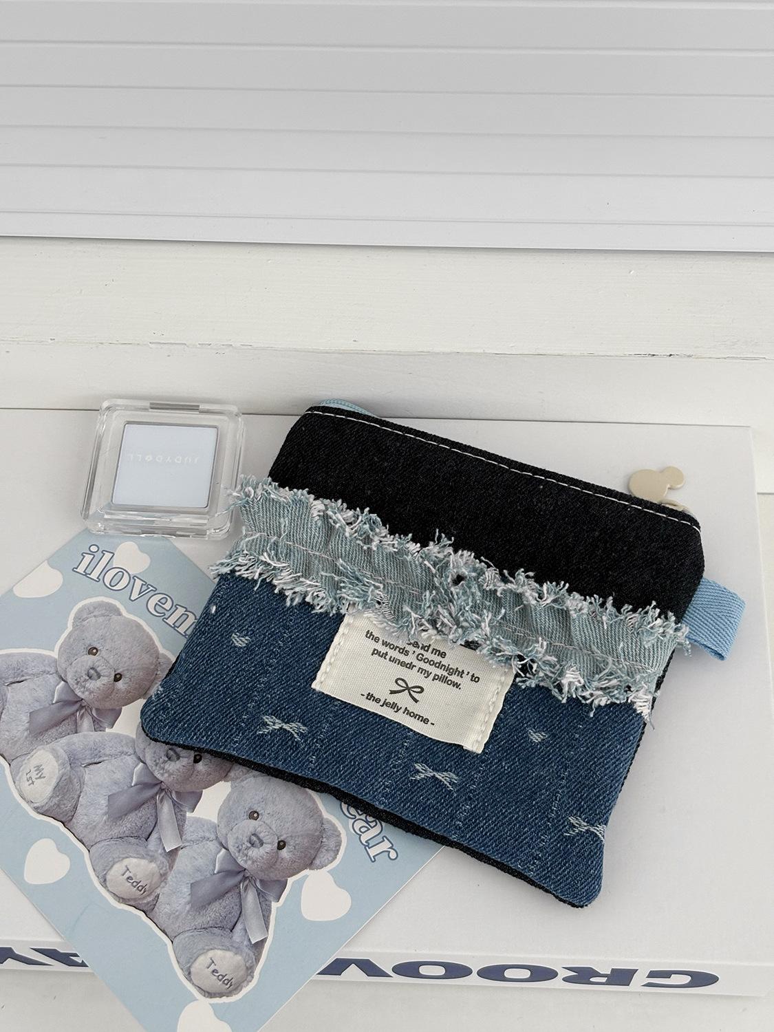 

Denim Cloth Lace Ladies Travel Cosmetic Bags Sweet Bow Prints Female Storage Bags Girls Portable Small Square Clutch Coin Purse