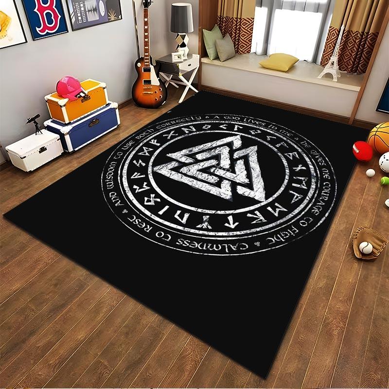 Viking Valknut Symbol Carpet with Runes, Black Nordic Decor Rug Suitable for use as an anti-slip for living room bedroom sofas