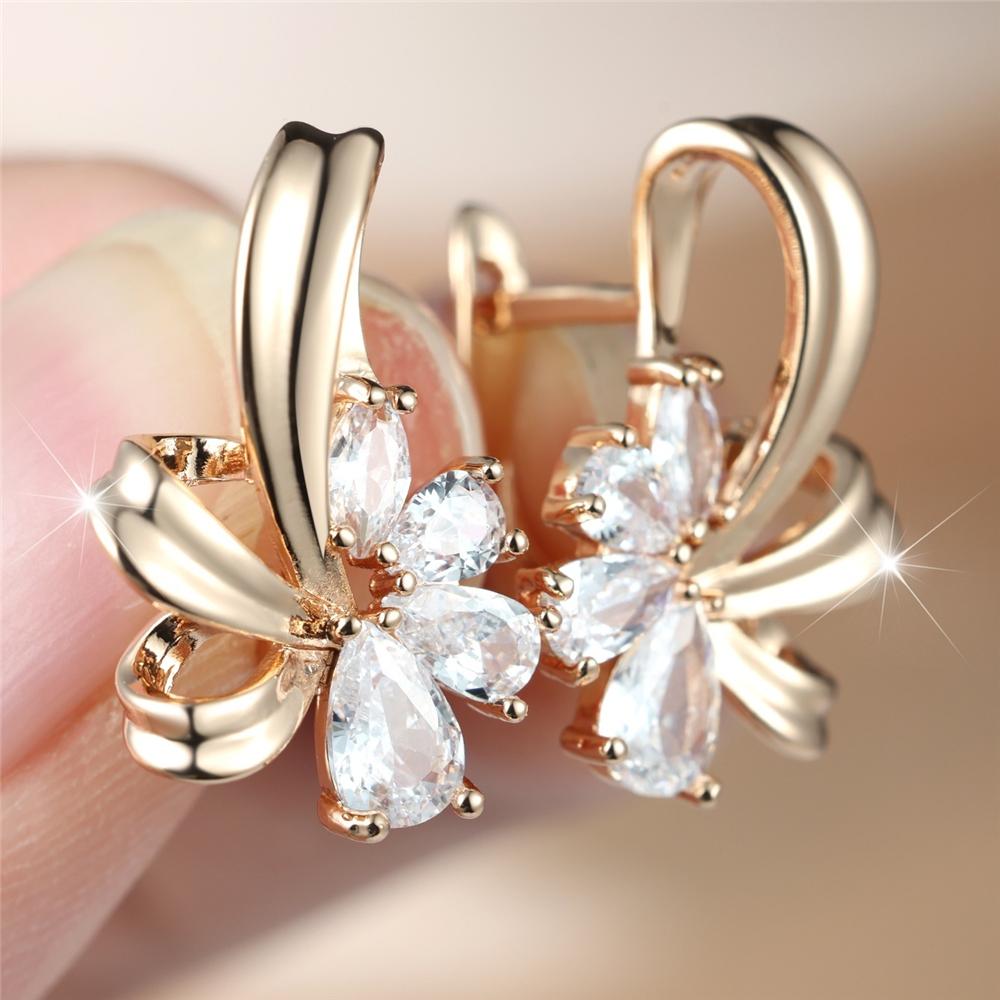 Elegant Female Big Water Drop Pink White Zircon Stone Skeleton Hoop Earrings Trendy Fashion Gold Color Wedding Jewelry For Women