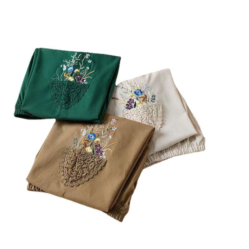 2023 Letní Dámské Mori Girl Lněné Vyšívané Krajkové Zkrácené Harémové Kalhoty - Volný Střih, Ležérní Styl