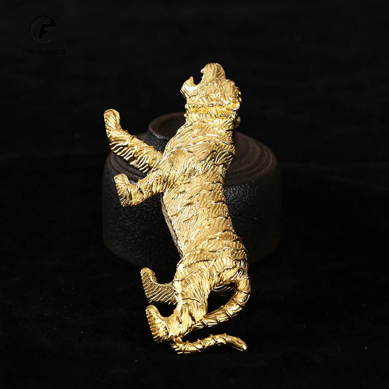 Solid Brass Big Tiger Statue Desktop Ornament Tea Pet Gold Color Animal Figurines Paperweight Home Decoration Crafts Accessories
