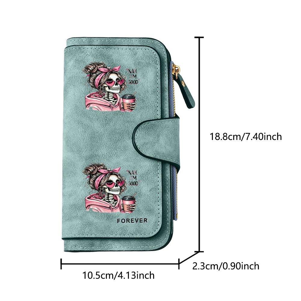 Fashionable long wallet with stylish skull and coffee cup print design eye catching multifunctional portable with clasp for coins large capacity