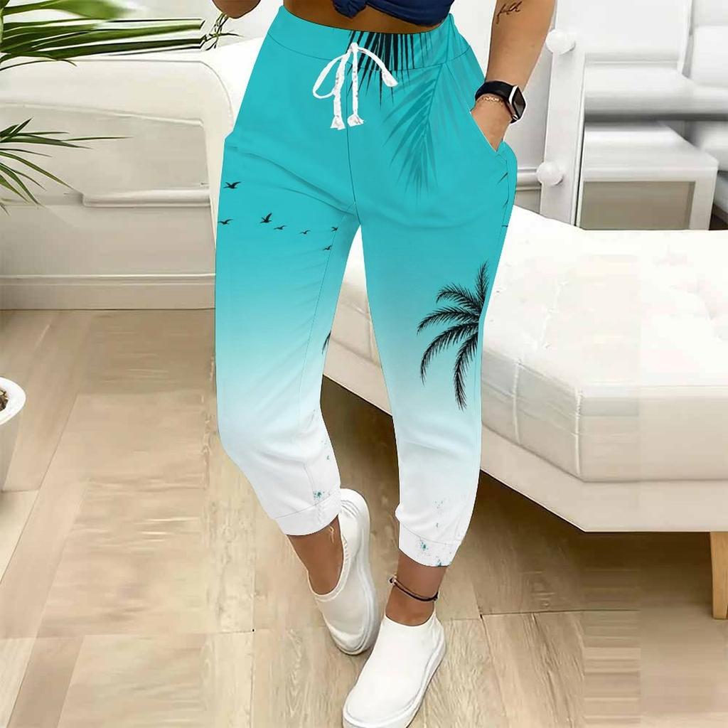 Women Plus Size Green Clover Printed Drawstring Waist Jogger Pants Side Pockets Cuffed Ankle