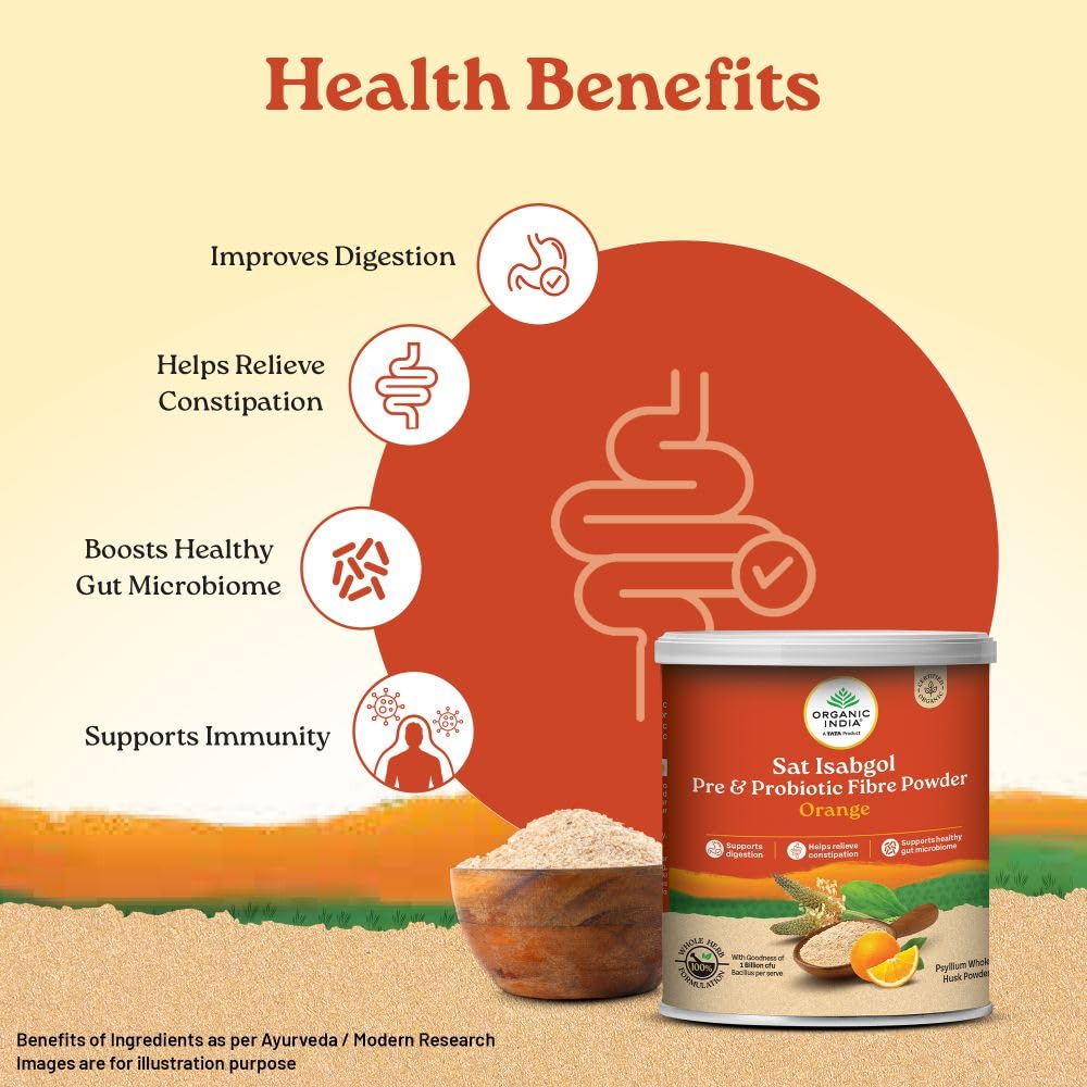 Organic India Sat Isabgol Pre & Probiotic Fibre Powder Orange 100g for Digestion and Gut Health