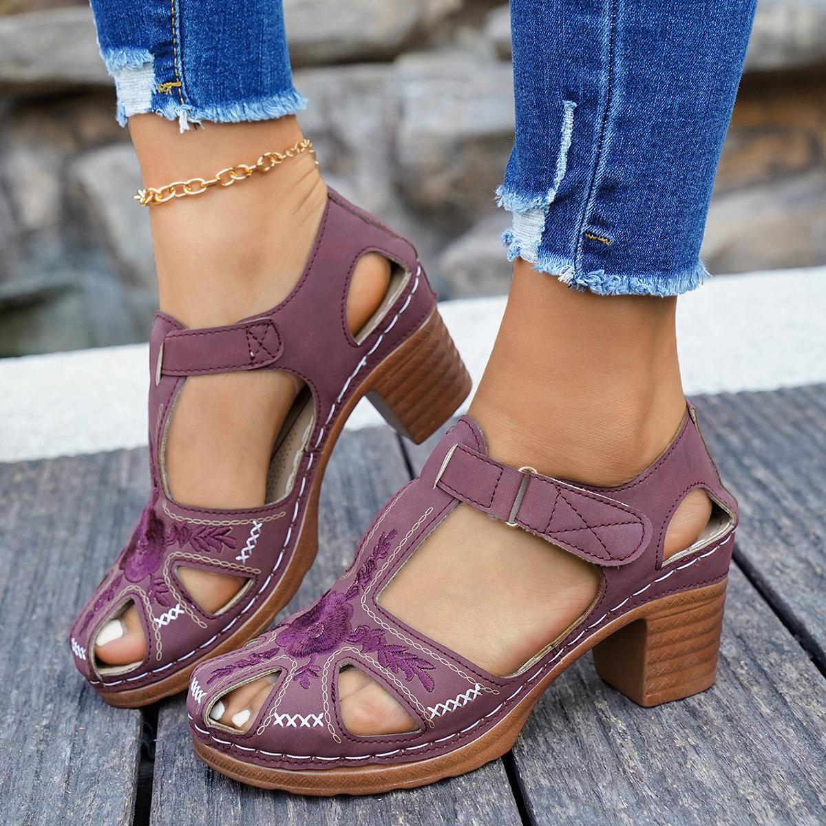 Women Embroidered Hollow Out Chunky Heel Roman Sandals Velcro High Heel Plus Size Summer Shoes 36 бордовый