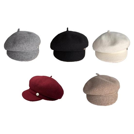 Women Beret Hat Solid Color Dome Top Style Painter Hat with Short Brim Warm Headwear Winter Fashion Accessory