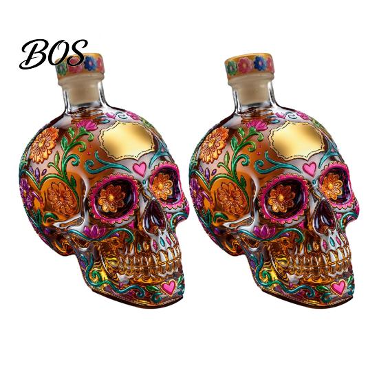 Floral Skull Design Decanter Gothic Decanter, Hand Painted Glass Liquor Bottle with Stained Design, 3D Carved Wine Dispenser for Home Bar, Halloween