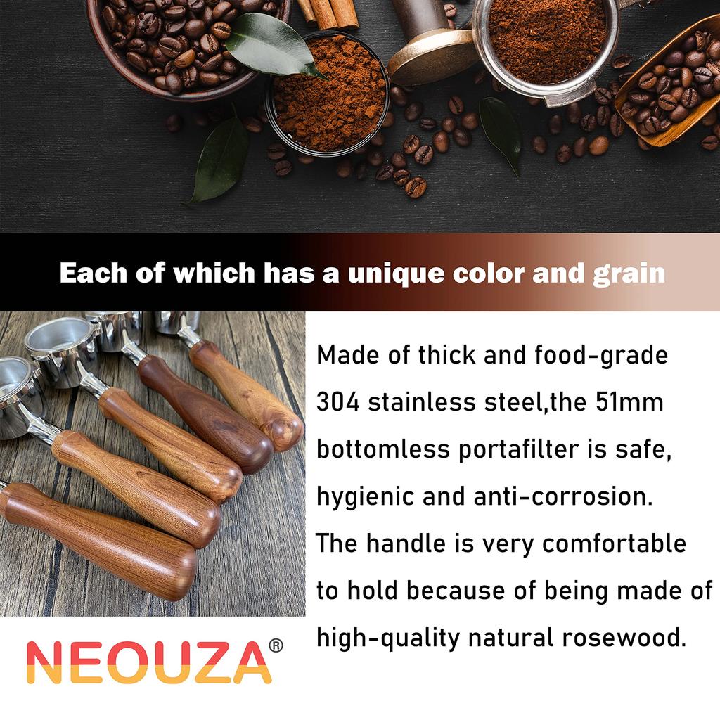 NEOUZA 51mm Bottomless Port Filter for Espresso Machines, Designed Specifically for DeLonghi EC885/EC680/EC685/EC785/EC820/EC850/EC860, Made of 304 St