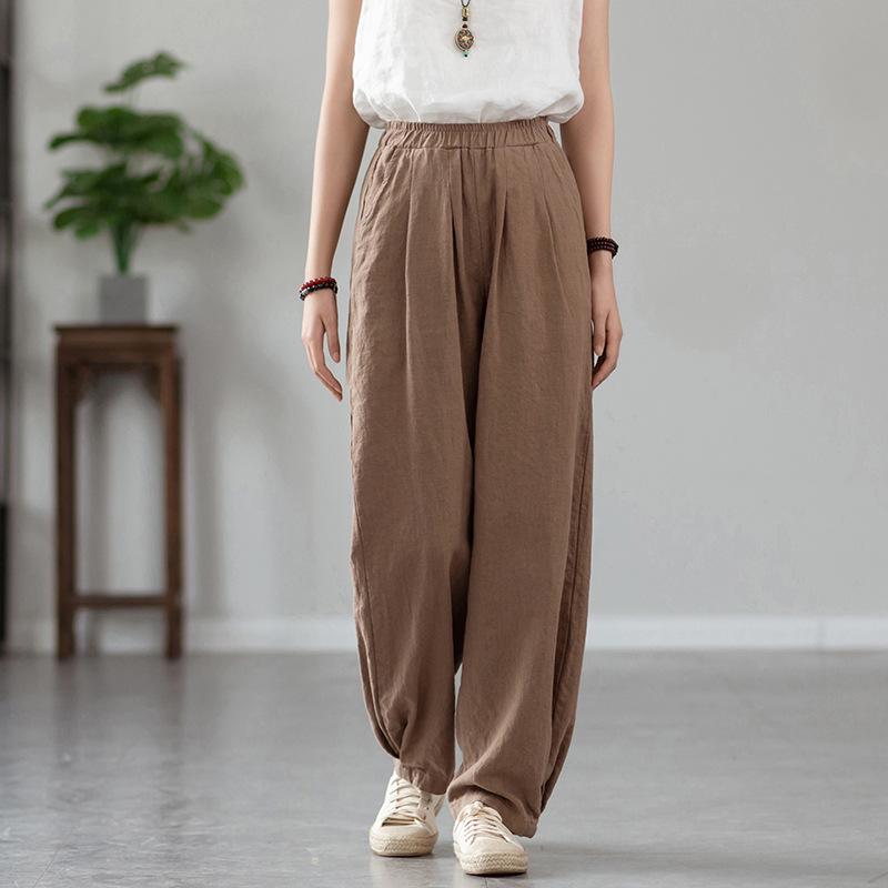 Women's Autumn/Winter Cotton Linen Sand Wash Loose Long Pants with Fleece Lining - Slimming Lantern Style