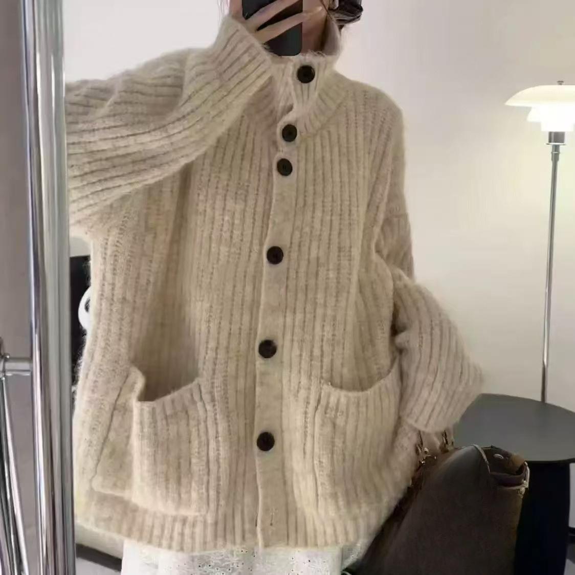 

Ленивый стиль лацкан свитер осень и зима высококачественный свободный мягкий восковой вязаный кардиган топ куртка One size абрикосовый