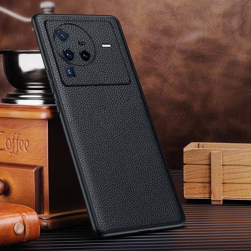 

Precise Cutout Litchi Texture Phone Case for vivo X80 Pro,Genuine Cowhide Leather Coated TPU Cover with Lens Protection Black