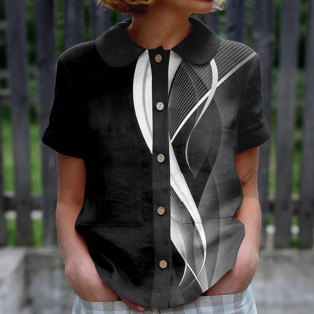 Women's Casual Fashionable Printing O Neck Button Short Sleeved Top