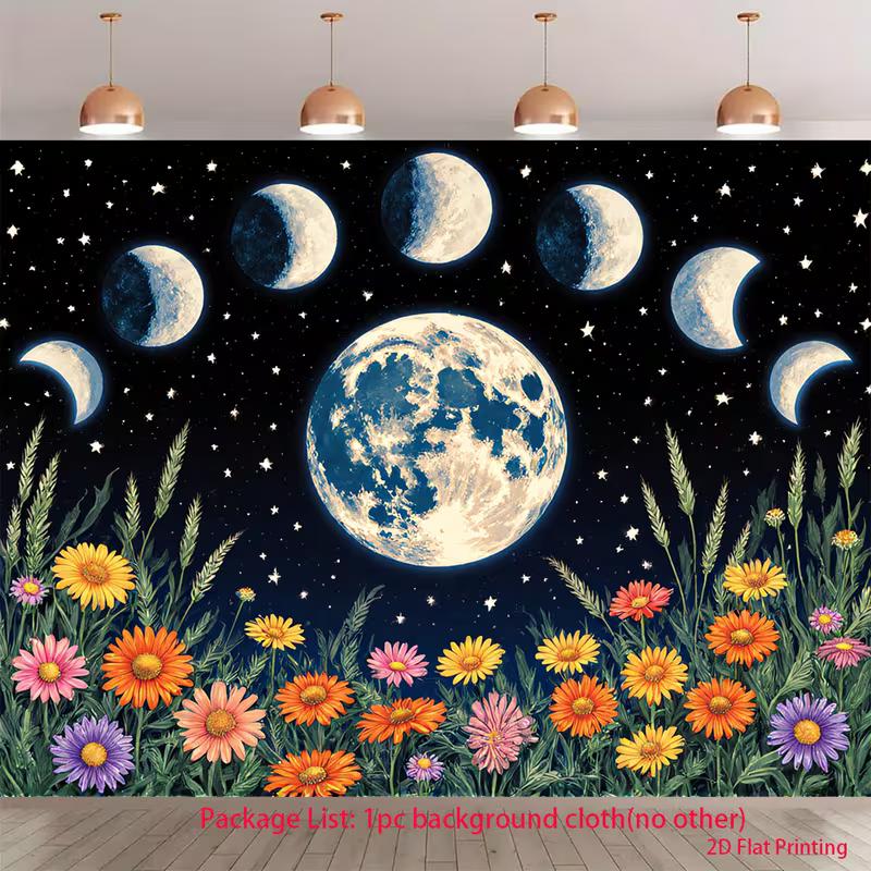 

2D Flat Celestial Backdrop Lunar Cycle with Wildflowers Under Starry Sky Background Cloth 47.2x31.5inch/120*80cm