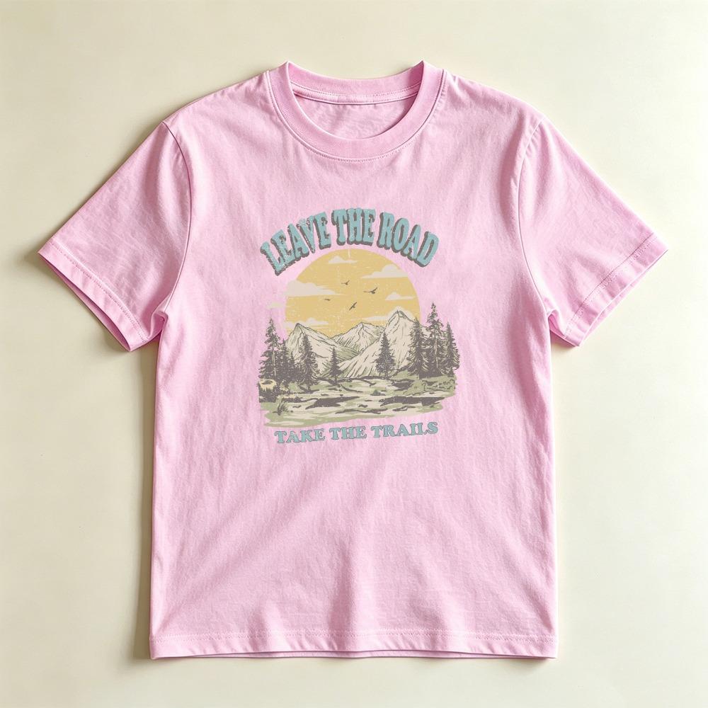 Leave The Road Take The Trails Vintage Mountain River Pine Tree Sunset Graphic Tshirt Unisex Unisex Fashion Crewneck Cotton Tee Top S