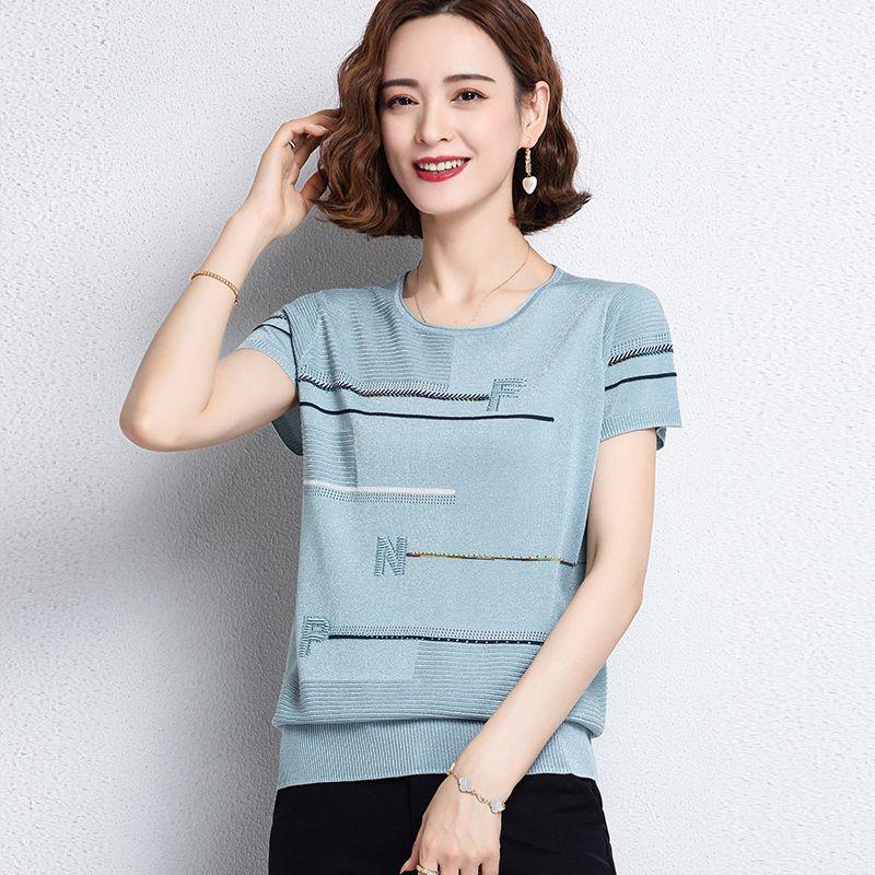 Summer Women's Knitted T-shirt Short Sleeved Embroidered Thin Ice Silk Retro Pullover Shirt