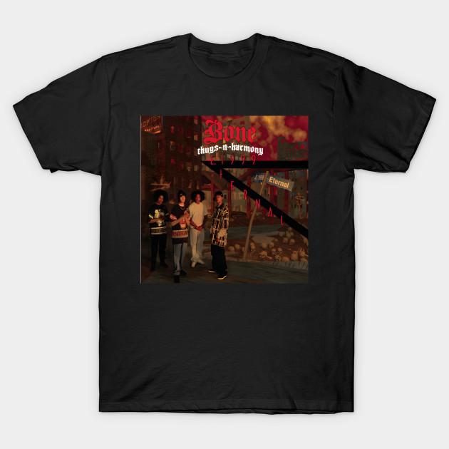 

Men Black Print T-shirt Bone Thugs-N-Harmony Album E. 1999 Eternal No-Cut Transfer Paper Print Cotton Tshirt S чорний