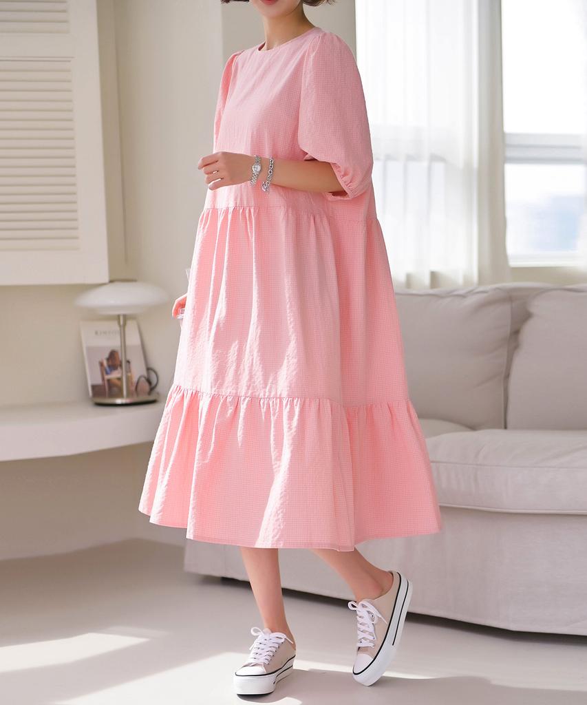 Ppaeppae Small Check Puff Sleeve Tiered Long Dress