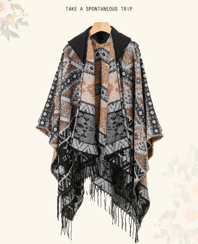 Women's Ethnic Style Hooded Shawl Cloak, Geometric Design for Autumn/Winter, Ideal for Tibet, Qinghai, Yunnan Travel