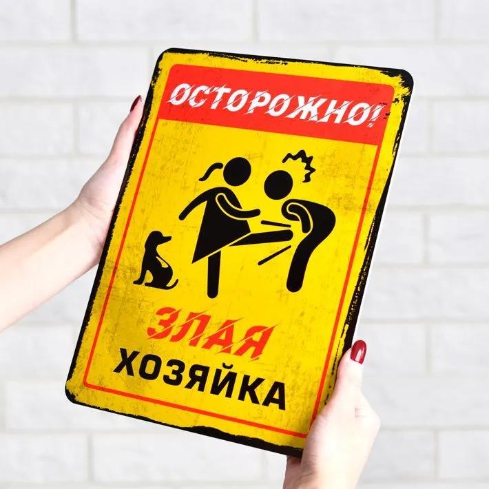 Осторожно Злая Хозяйка Смешная Металлическая Табличка 20х30см, Юмор Домашний Настенный Декор