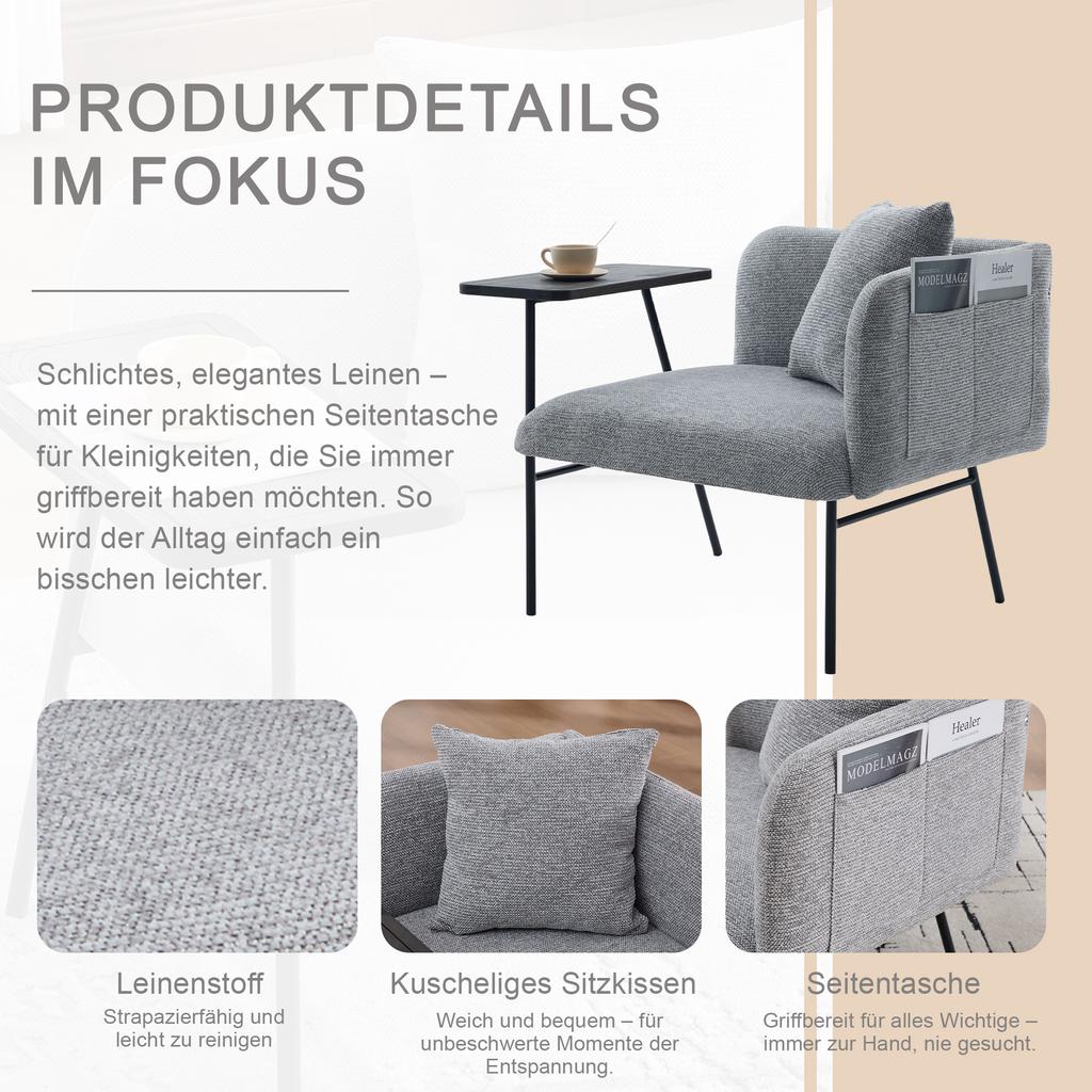 Modern single armchair with comfortable fabric backrest and two storage compartments, complemented by a practical side table.