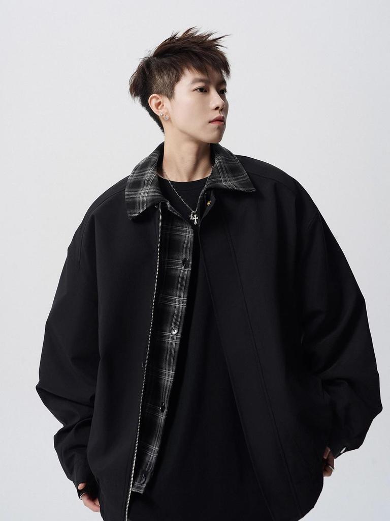 Men's Plaid Patchwork Casual Jacket - American Style Two-Piece Design for Spring and Autumn