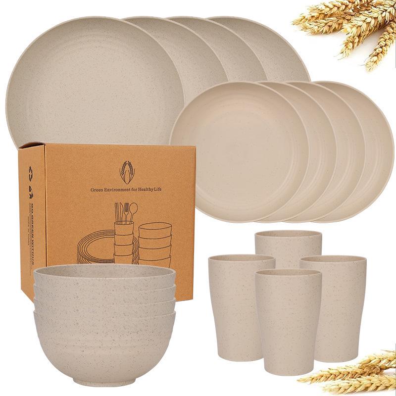 Rice Husk Disposable Tableware Set - Food Grade, High Temperature Resistant Bowls, Plates, and Chopsticks.