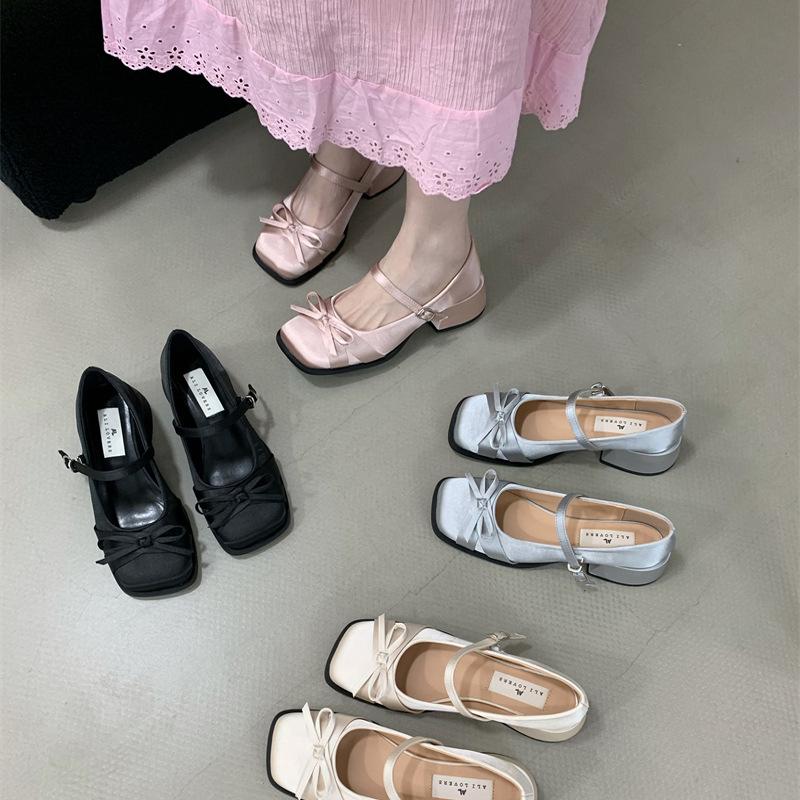 AL Small Fragrant Style Satin Bow Thick Heel Mary Jane Shoes Women's Evening Shoes Spring Light Mouth Medium Heel Single Shoes Small Leather Shoes