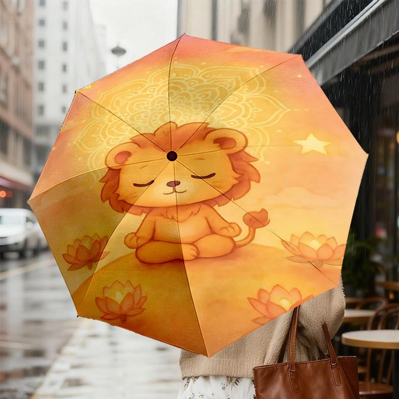 Peaceful Lion Lotus Mandala Umbrella: Automatic Opening & Closing, Outdoor Protection, Lightweight & Durable Travel Accessory