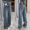 Women's High Waist Fleece-Lined Retro Blue Wide-Leg Jeans - Autumn Winter, Plus Size, Straight-Leg, Slimming for Pear Shape.