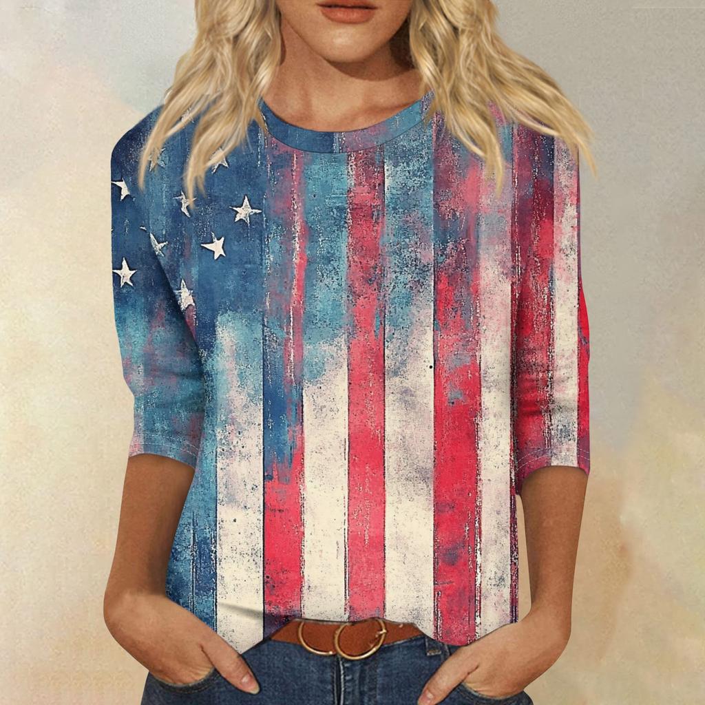 Damenmode Lässiges Rundhals-T-Shirt mit 3/4-Ärmeln und lockerem Aufdruck