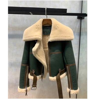 Winter New Green Splicing Large Lapel Locomotive Suit Women's Thickened Short Leather Fur Body Sheep Shearing Jacket