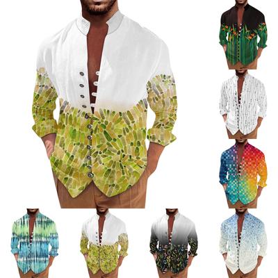 Men'S Retro Casual Loose Fitting Long Sleeved Printed Shirt Fashion Standing Collar Top