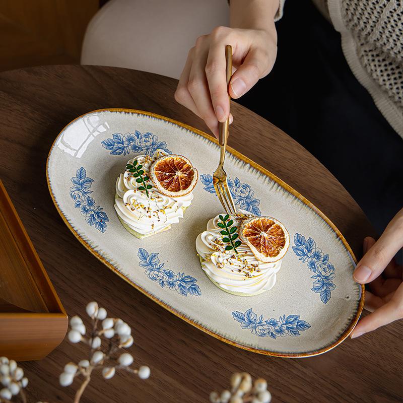 Retro Plate Household 12-Inch Ceramic Fish Plate Oval Steamed Fish Plate Restaurant Large Vegetable Plate Exit