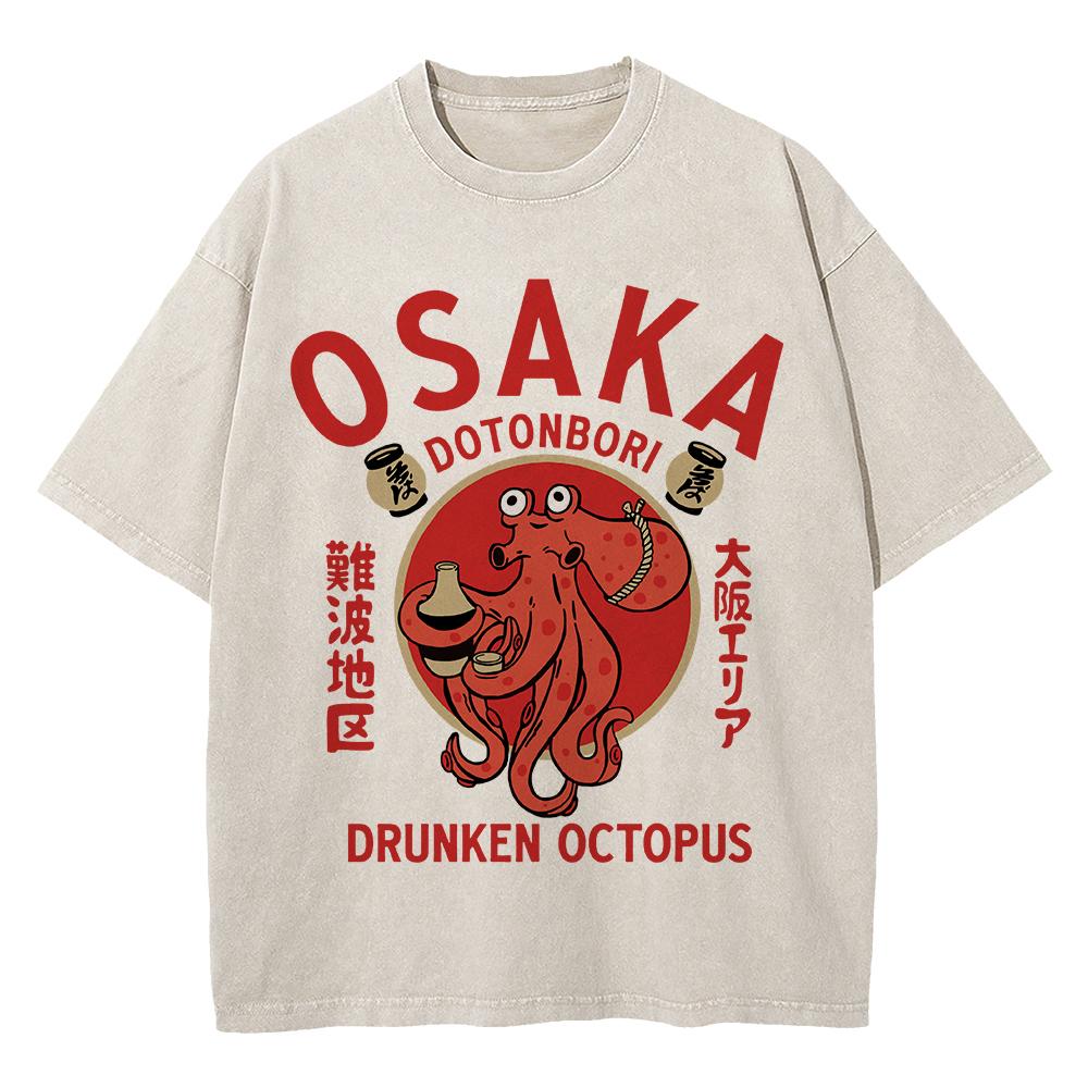 Cotton Vintage Washed Osaka Dotonbori Drunken Octopus T Shirt Hot Fashion Men Takoyaki Oversize Loose Acid Wash Tees Shirts
