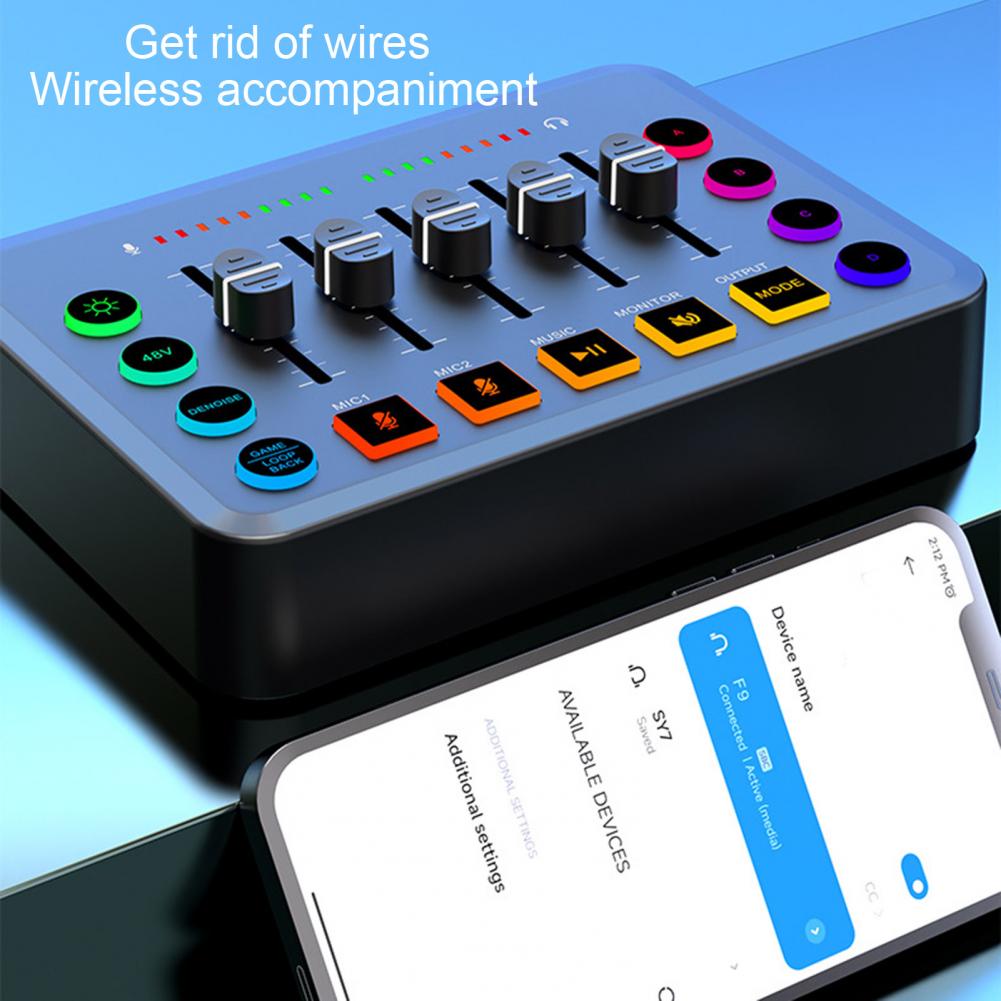 Herní audio mixážní pult s Bluetooth streamováním, XLR mikrofonem a externí zvukovou kartou pro PC s kanálem