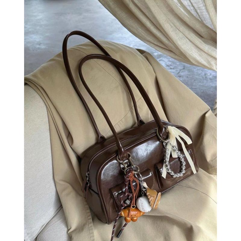 Brown Retro Korean Women's Bowling Handbag - Large Capacity, Shoulder Bag for Autumn and Winter
