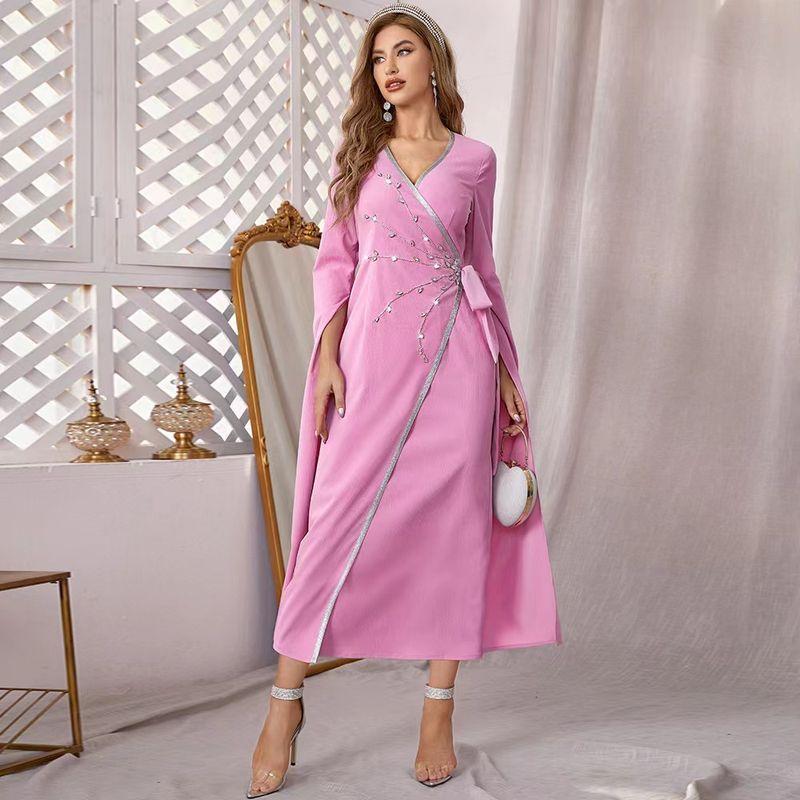 Stylish Ethnic V-neck Hand Sewing Drill Wrap Dress Fashionable Diamond Wrap Dress