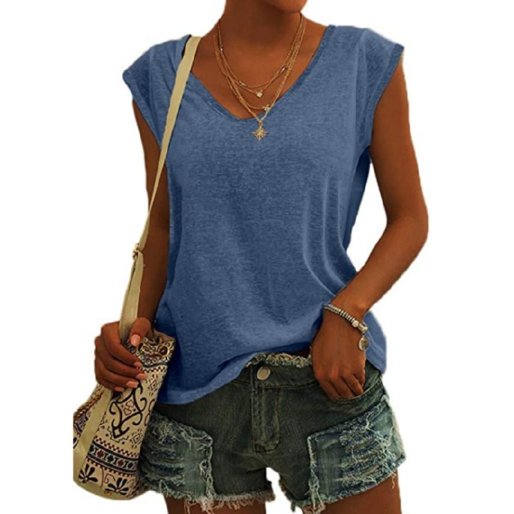 Women's Fashion Solid Color Cap Sleeve V Neck Casual Loose Short Sleeve T-Shirt Top