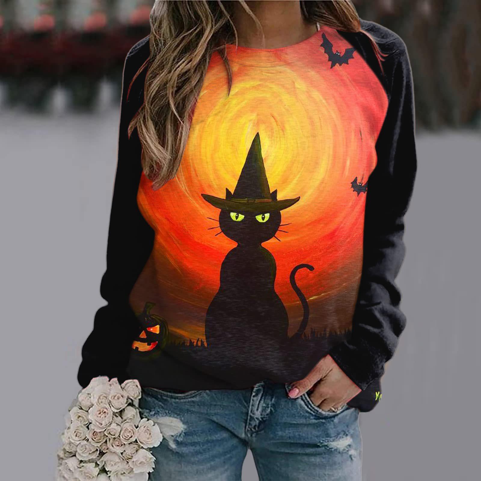 

Halloween and Christmas women s clothing 3D printed castle dark round neck long sleeved T-shirt S