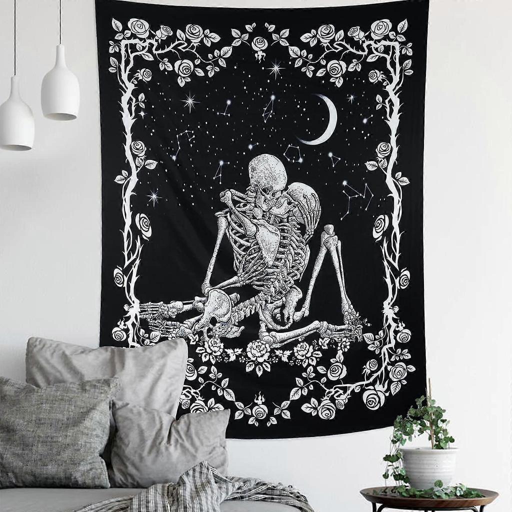 Kissing Lovers Skull Tapestry Wall Hanging Tarot Skeleton with Rose Black and White Wall Tapestries