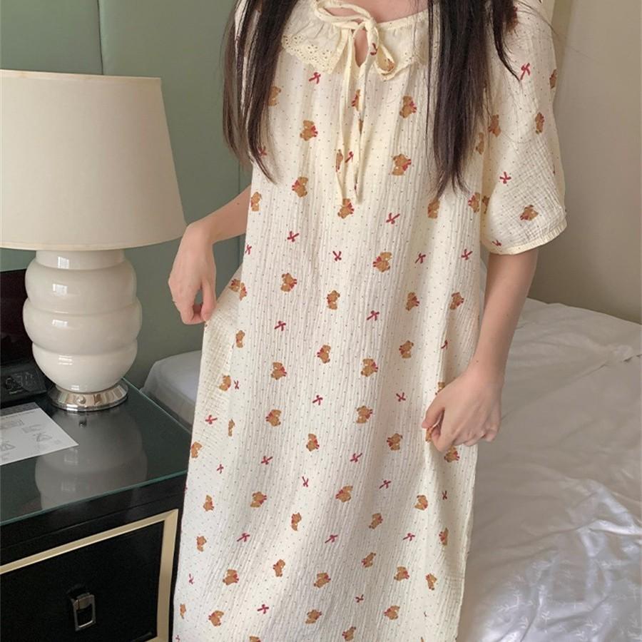 Full of printed floral bear bow pajamas women's summer round neck long dress loungewear girls loose nightgown
