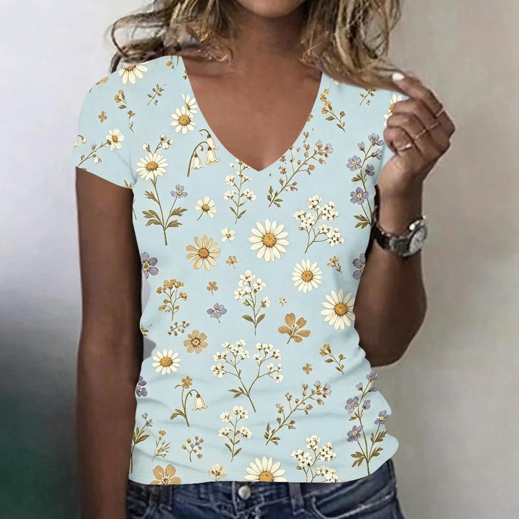 Women Casual V Neck Short Sleeve Floral Print T Shirt Lightweight Soft Fabric Summer Top Comfortable Fit