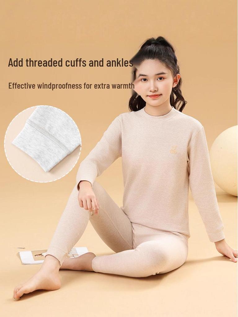 Children's Warm Autumn/Winter Underwear Set for Medium and Large Kids – Cozy Brushed Cotton Top & Trousers, Unisex, Thickened Two-Piece Set