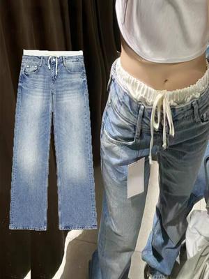 2024 Women Vintage Blue Denim Loose High Waist Patchwork Trousers Female Lace Up Jeans Long Baggy Pants High Street